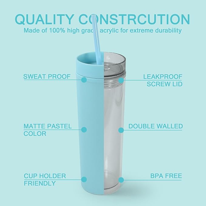 sweet grain Skinny Tumblers with Lids and Straws(6 Pack) - 16oz Matte Pastel Colored Skinny Acrylic Tumblers, Double Wall Plastic Tall Skinny Tumblers Bulk for Cold Hot Drinks - Sky Blue