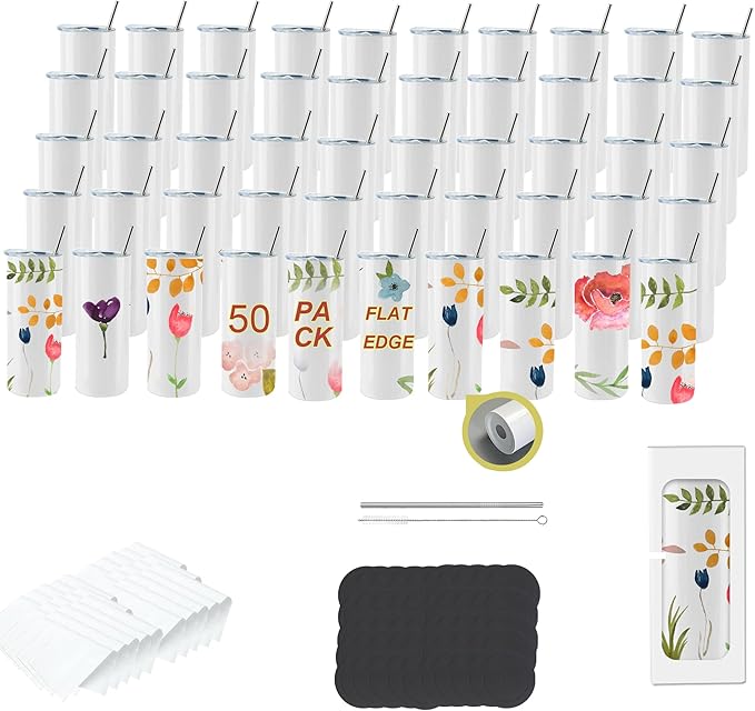 50pack 20oz flat edge sublimation tumblers ，White skinny insulated Sublimation tumbler Straight Cups with Individual Gift Box, Silicone Bottom Polymer Coating for Heat Transfer （50pack 20oz）