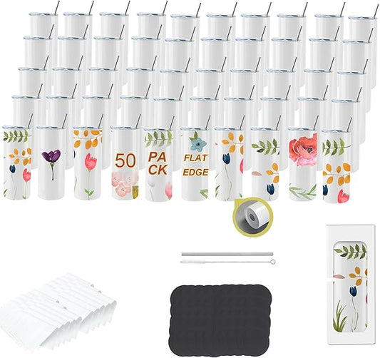 50pack 20oz flat edge sublimation tumblers ，White skinny insulated Sublimation tumbler Straight Cups with Individual Gift Box, Silicone Bottom Polymer Coating for Heat Transfer （50pack 20oz）