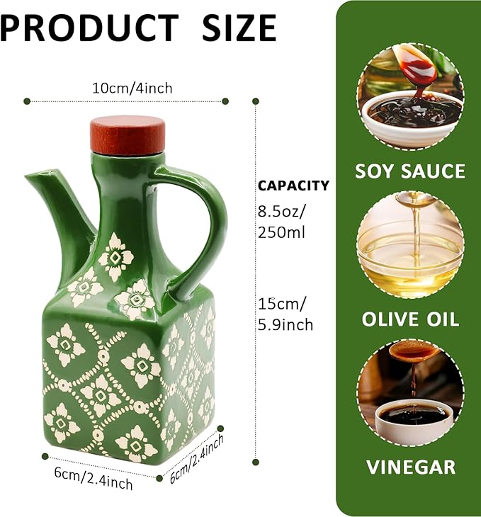 Olive Oil Dispenser Bottle Ceramic，8.5 Oz Decoration Oil Dispenser for Kitchen，Leakproof Oil And Vinegar Container with Handle，Green Italian Cooking Oil Cruet，Easy Pour