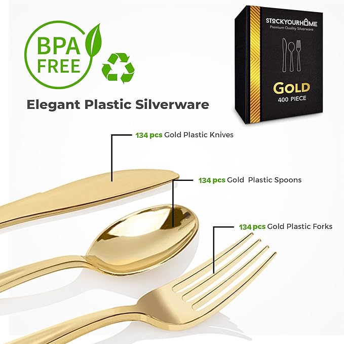 Gold Plastic Silverware Set (400-Pack) – Disposable Heavy Duty Cutlery, 134 Forks, 134 Knives, 134 Spoons for Parties, Weddings, Dinners & Holidays