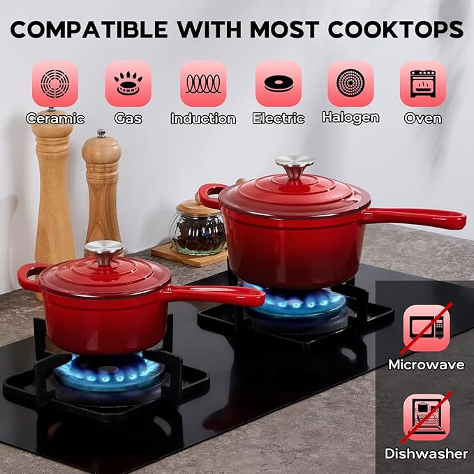 Onader Enameled Cast Iron Sauce Pan, 1QT & 2QT Small Saucepan Set with Lid, Cast Iron Sauce Cooking Pot, Enamel Dutch Oven, Nonstick & Induction Compatible – Red