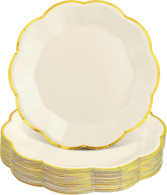 30 Pcs White and Gold Paper Plates, 9 Inch Cream Paper Plates Ivory Plate with Gold Trim Scalloped Wedding Plate for Baby Shower, Wedding, Birthday, Tea Party