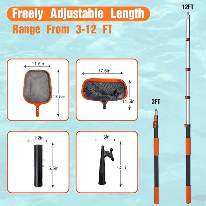 4-in-1 Pool Skimmer Net with Pole, Heavy Duty Pool Net and Fine Mesh Leaf Skimmer Net for Above Ground Pool, 12FT Telescopic Pool Pole with Professional Pool Net and Pool Hook for Cleaning