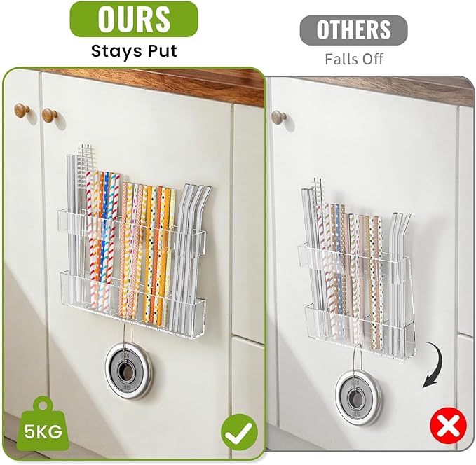 9.5” Large Acrylic Straw Holder for Cabinet Door-Reusable Tumbler Straw Organizer with Ultra Sticky Adhesive Tape ,Plastic Kitchen Accessories Container for Inside Cupboard Door (Transparent)