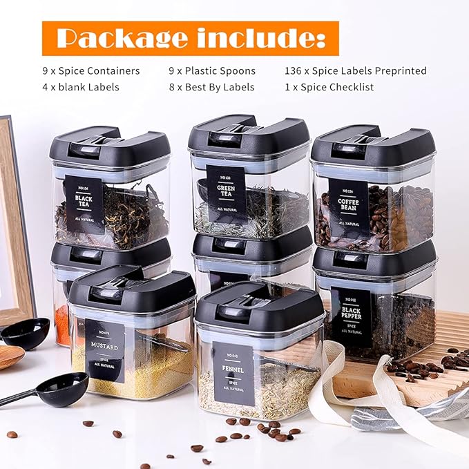 Spice Containers with Labels, 9 Pcs 16 Fl Oz Large Plastic Tea Storage Containers with 148 Spice Labels and 9 Spoons, Square Airtight Seasoning Containers Set with black Lids for Kitchen Pantry Coffee
