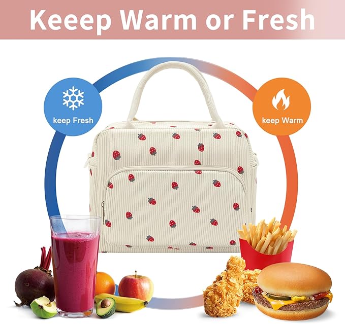 Lunch Box for Women Insulated Lunch Bag Women Adult Cute Lunch Bags Reusable Lunchbox Cooler Tote Bag for Work Picnic (Beige-Strawberry)
