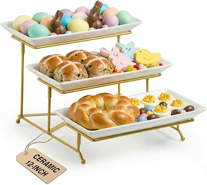 LAUCHUH 3 Tier Serving Tray, Porcelain Serving Platter Tier Serving Stand with Collapsible Sturdier Rack, Serving Trays and Platters Dessert Party Display Set for Mother's Day, Gold, 12 Inch
