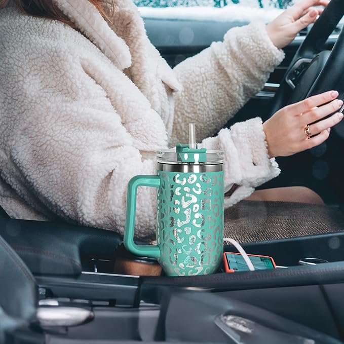 40 oz Tumbler with Handle and Straw, 100% Leak-Proof Travel Mug, Stainless Steel Double Wall Vacuum Insulated Coffee Cup Keeps Cold For 34 Hours, Dishwasher Safe, Green Leopard