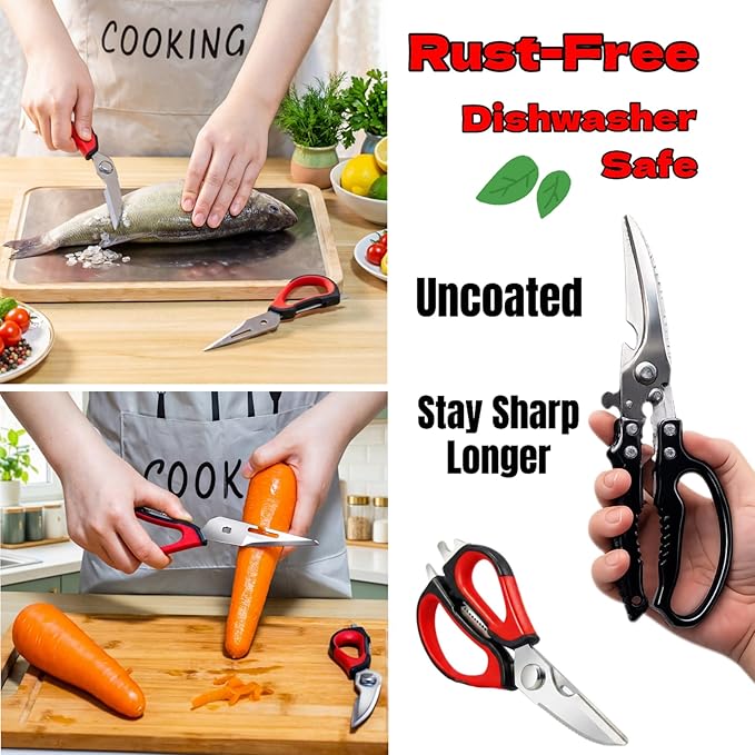Heavy Duty Kitchen Shears - Ultra Sharp All Purpose Food Scissors for Cutting Chicken Bones, Meat & Vegetables, Multi-Function Stainless Steel Cooking Shears (Black)