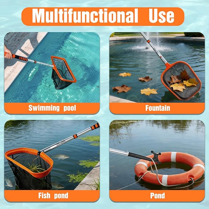 4-in-1 Pool Skimmer Net with Pole, Heavy Duty Pool Net and Fine Mesh Leaf Skimmer Net for Above Ground Pool, 16FT Telescopic Pool Pole with Professional Pool Net and Pool Hook for Cleaning