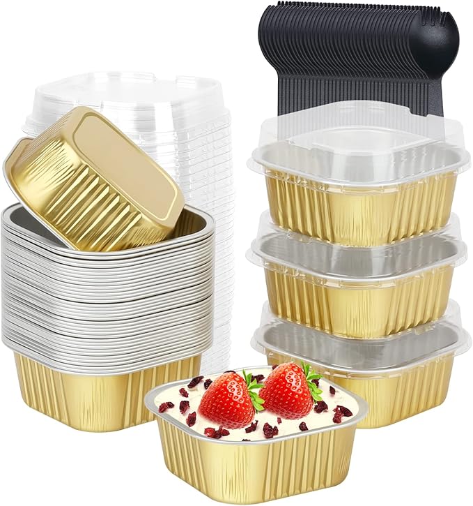 LNYZQUS Disposable Ramekins With Lids 40 Pack, 5oz Aluminum Foil Mini Cupcake Muffin Pan,Square Mini Cake Pan Brownie Baking Cups Muffin Tin Dessert Cups For Wedding Party-Gold