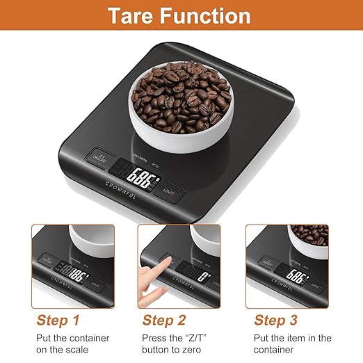 CROWNFUL Food Scale, 11 lb Digital Kitchen Scales with Built-in Coin Battery, Weight Ounces and Grams for Cooking and Baking, 6 Units with Tare Function, LCD Display, 304 Stainless Steel, Black