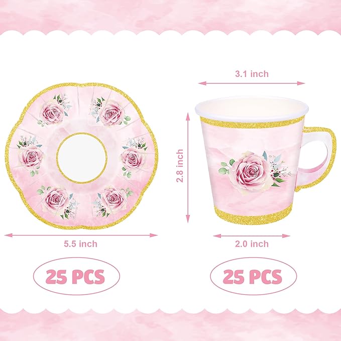 50 Pcs Paper Tea Cups and Plates Pink Floral Disposable Paper Teacups and Saucer Sets with Gold Rim Decorations for Hot Cold Drinks for Wedding Birthday Baby Shower Tea Party, Serve 25