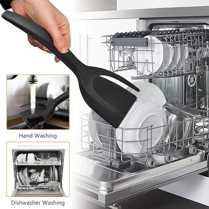 Egg Flipper Spatula 2 in 1 Grip and Flip Spatula Tongs Egg Spatula Flipper Made of High temperature resistant Nylon with Non-Stick Coating Egg Flipper for Home Kitchen Cooking Tool (black and gray)