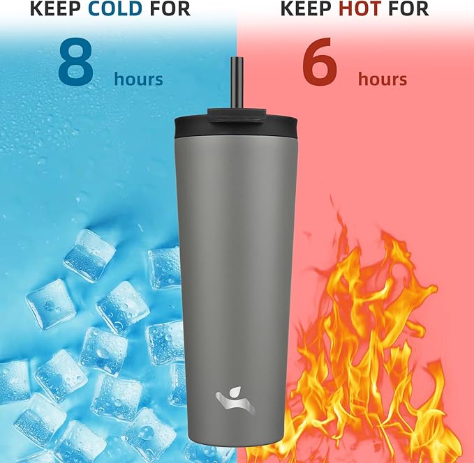 26 OZ Insulated Tumbler with Lid and 2 Straws Stainless Steel Water Bottle Vacuum Travel Mug Coffee Cup,Gray