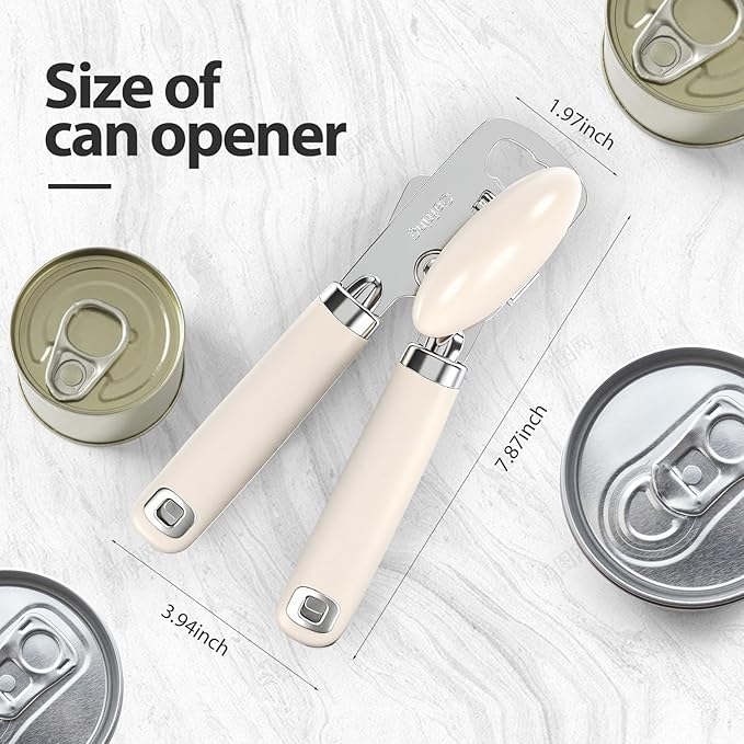 Can Opener Manual, Heavy Duty Stainless Steel Smooth Edge Can Openers With Soft Touch Handle, Oversized Handheld Easy Turn Knob, Multi-Function Bottle Opener, Beige