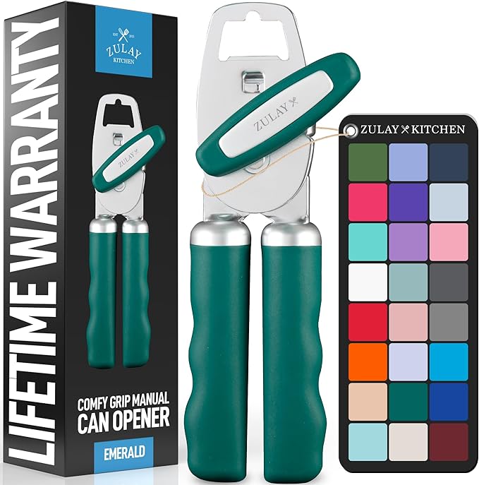 Zulay Kitchen Heavy Duty Stainless Steel Can Opener Manual with Bottle Opener - Rust Proof Manual Can Opener With Turn Knob & Comfy Soft Grip Handles - Emerald