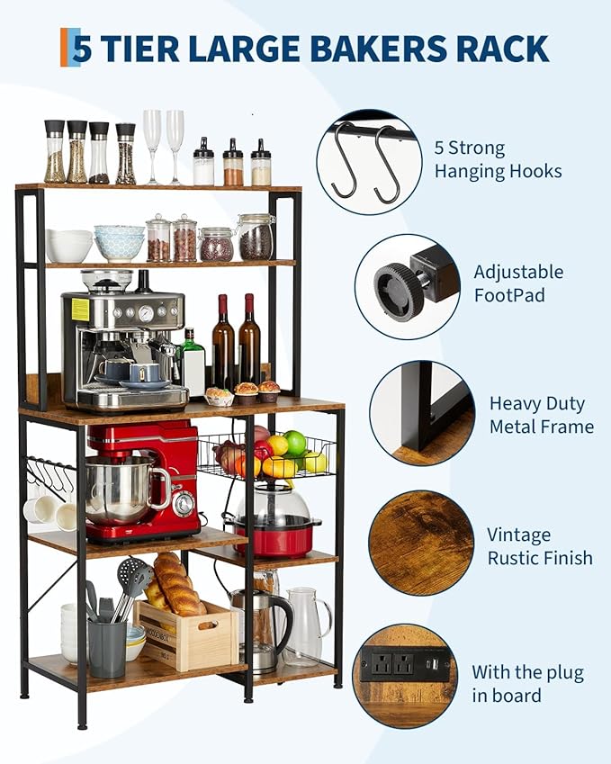 IDEALHOUSE Kitchen Bakers Rack with Power Outlets, 5-Tier Microwave Stand with 2 AC Outlets, USB & Type-C Ports, Coffee Bar Station with 6 S-Hooks and Basket, 35.43 x 15.75 x 60 Rustic Brown