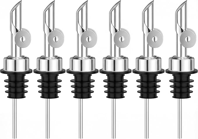 Auto Flip Liquor Pour Spouts 6-Pack, Leak-Proof 304 Stainless Steel Wine Pourer & Olive Oil Dispenser with Food-Grade Silicone for Kitchen, Bar, Restaurant (Silver)