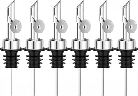 Auto Flip Liquor Pour Spouts 6-Pack, Leak-Proof 304 Stainless Steel Wine Pourer & Olive Oil Dispenser with Food-Grade Silicone for Kitchen, Bar, Restaurant (Silver)