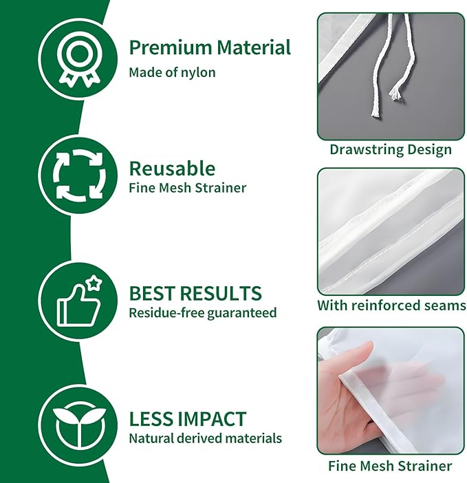 6 Pcs Nut Milk Bag 12 x 8 Inch Yogurt Strainer 200 Mesh Cheese Cloth Bag for Straining Reusable Fine Mesh Strainer for Filtering Yogurt Juice Coffee Tofu Tea Cheese