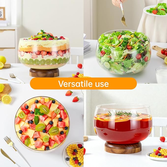 NiHome 203oz Extra Large Glass Trifle Bowl with Acacia Wood Stand, Serving Dish for Cakes, Salads, Desserts, Stylish Display for Parties, Weddings, Special Occasions, Durable Easy to Clean