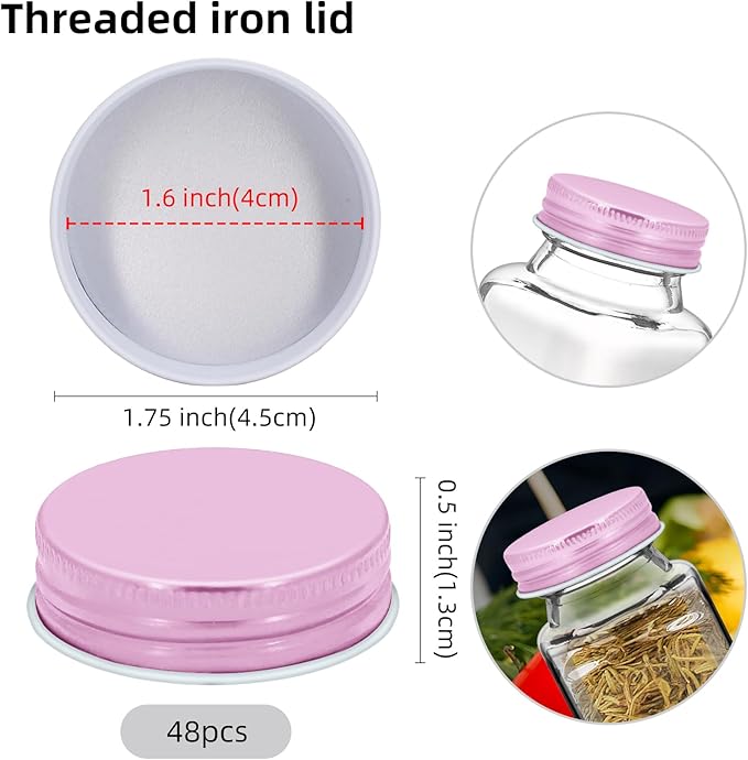 48 Pcs iron Jar Lids Lids for 4 oz and 6 oz Square Spice Jars Reusable Can Airtight Spice Storage Canning Lids for Nice Sealing Kitchen (Pink)
