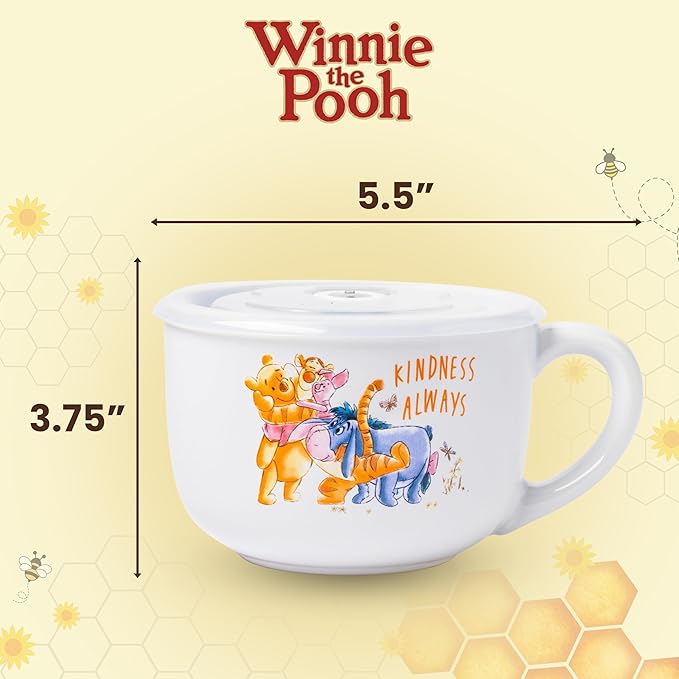 Silver Buffalo Disney Winnie the Pooh Kindness Always Featuring Eeyore, Tigger, and Piglet Ceramic Soup Mug with Vented Plastic Lid, 24 Ounces
