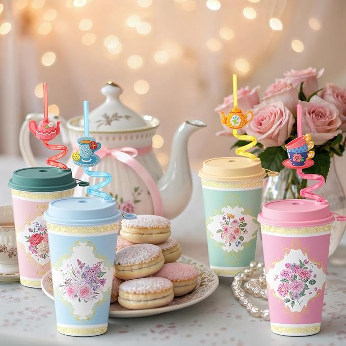 24 Set Flower Cups for Tea Party Tumbler 16 oz Vintage Floral Cup with Straw Lid Tea Party Disposable Plastic Cup Flower Coffee Tumbler Bulk Spring Mug Wedding Mother Hot Cold Drink Birthday Supply