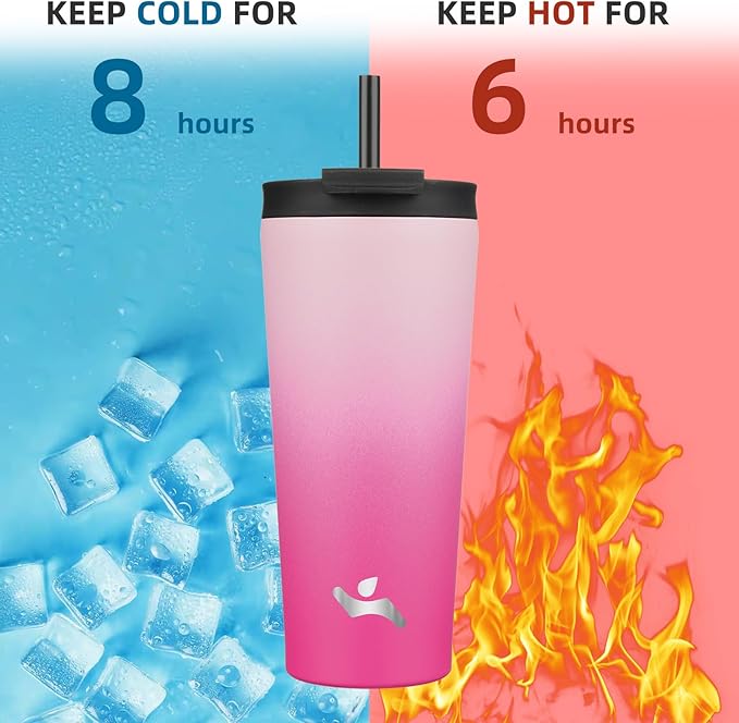 22 OZ Insulated Tumbler with Lid and 2 Straws Stainless Steel Water Bottle Vacuum Travel Mug Coffee Cup,Cherry
