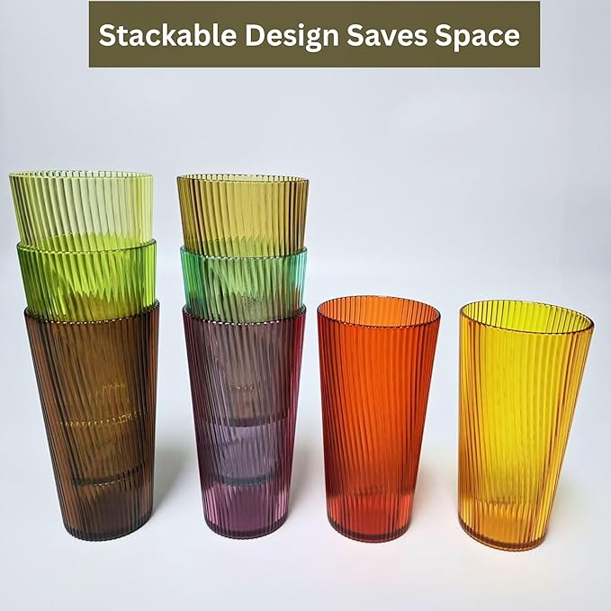 Plastic Drinking Glasses Set of 8, 19oz Unbreakable Kitchen Cups for Kids Dishwasher Safe Reusable Cups BPA Free Stackable Acrylic Tumbler for Kitchen, Bar, Holiday, Party, Dinner