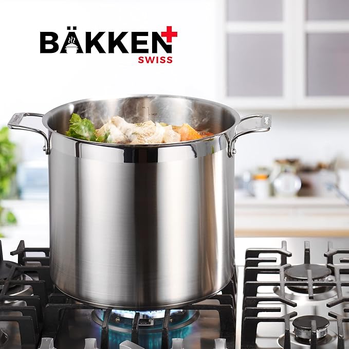 Stainless Steel Stockpot with Lid 24 Quart, Durable 18/8 Stainless Steel, Impact-Bonded Base for Even Heating, Riveted Handles, Oven & All Stove Compatible, Safe Up To 500°F (260°C)