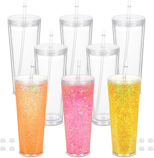 8 Pack 24Oz Snow Globe Tumblers, Double Wall Acrylic Snowglobe Cup with Pre Drilled Hole, Lids, Straws and Plug, Reusable Clear Plastic Tumbler for Snow Globe Glitter DIY