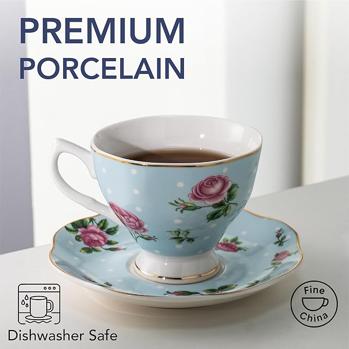 BTaT- Floral Tea Cups and Saucers, Set of 12, 8 oz, Fine Porcelain Teacup Set with Gold Trim for Afternoon Tea, Weddings, Parties & Gifting, Dishwasher Safe, Lightweight, Non-Toxic