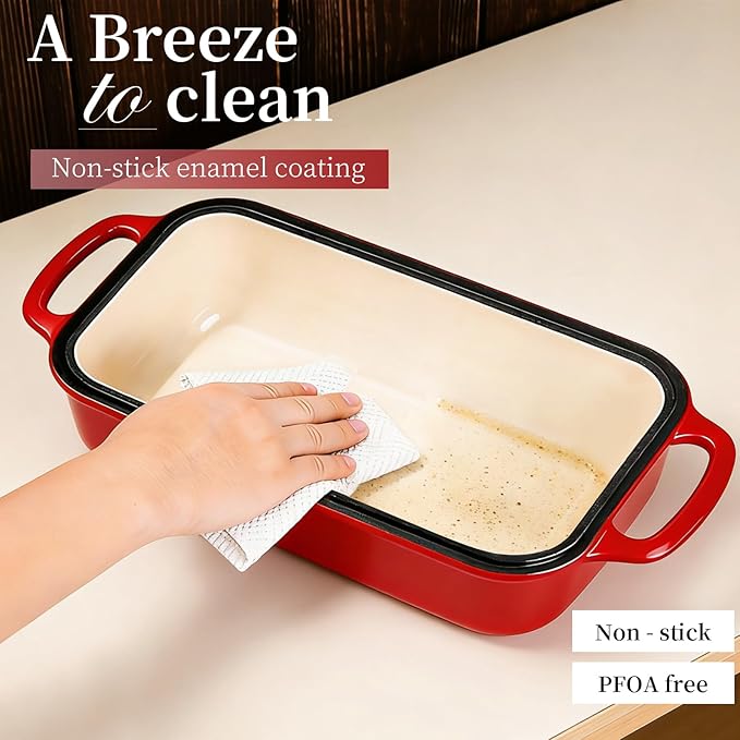 FUNKYLEE Enameled Cast Iron Bread Pan with Lid, 2-in-1 Loaf Pan for Baking Bread 9x5, Professional Sourdough Bread Pan for Homemade Bread, Set of 2, Red