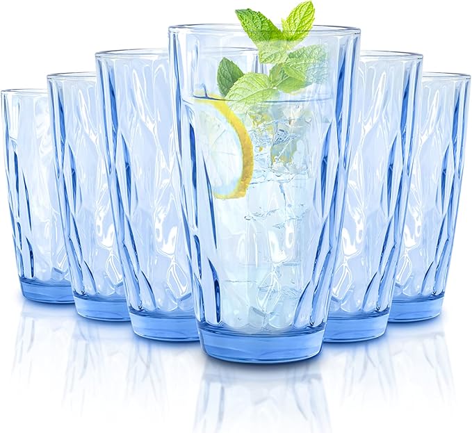 CREATIVELAND Highball Glass Tumbler Light Blue Set of 6, for Water,Cocktail,Juice,Beer,Iced Coffee,Clear Blue Glassware for Bar Kitchen,Thick & Heavy Glass Drinking Glasses with Heavy Base 16oz/450ML
