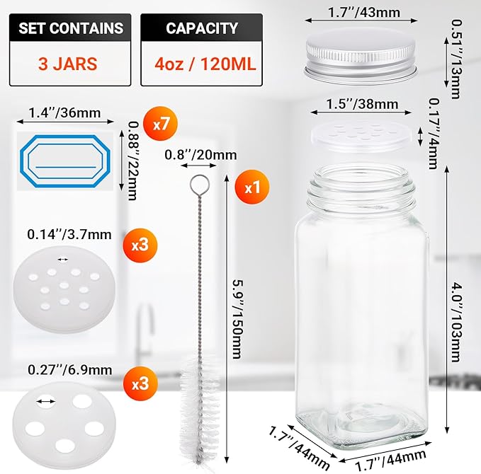 Segarty 4oz Spices Jars with Silver Aluminum Lid, 3PCS 120ml Square Spice Bottles for Salt Pepper Storage, Empty Glass Small Seasoning Container Set, Seasoning Cereals Organizer, 7 Stickers, 1 Brush
