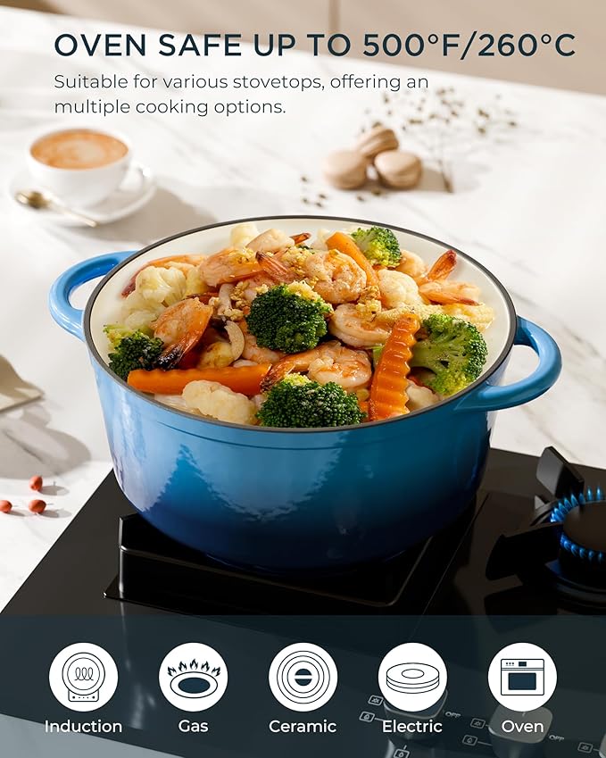 Enameled Cast Iron Dutch Oven - 4.5QT Dutch Oven Pot with Lid & Cotton Potholders - Heavy-Duty Non Stick Casserole Pot for Braising, Stews, Roasting, Baking, Suitable for All Stovetops, Navy Blue