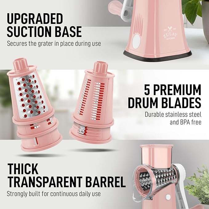 Zulay Kitchen Rotary Cheese Grater 5 Blade Cheese Shredder - Manual Hand Crank Cheese Grater With Reinforced Suction & 5 Interchangeable Drums - Easy to Use, Vegetable Chopper Round Mandoline Slicer