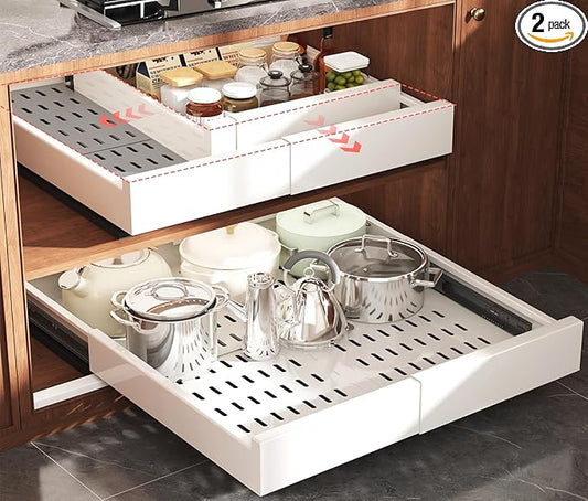 2 Pack Pull Out Cabinet Organizer Expandable Width(13"-21") and Depth(17"-24"), Slide Out Drawers With Raising Pad for Framed Cabinets, No Drill Roll Out Shelves for kitchen, Bathroom, White
