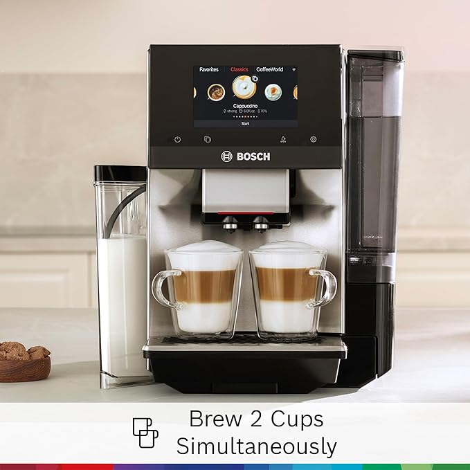 Bosch Fully Automatic Coffee and Espresso Machine - 36 Drinks, Double Cup Barista Style Super Coffee Maker - Touchscreen, Large Bean Capacity - Easy Clean, Maintenance - Stainless Steel - TQU60703