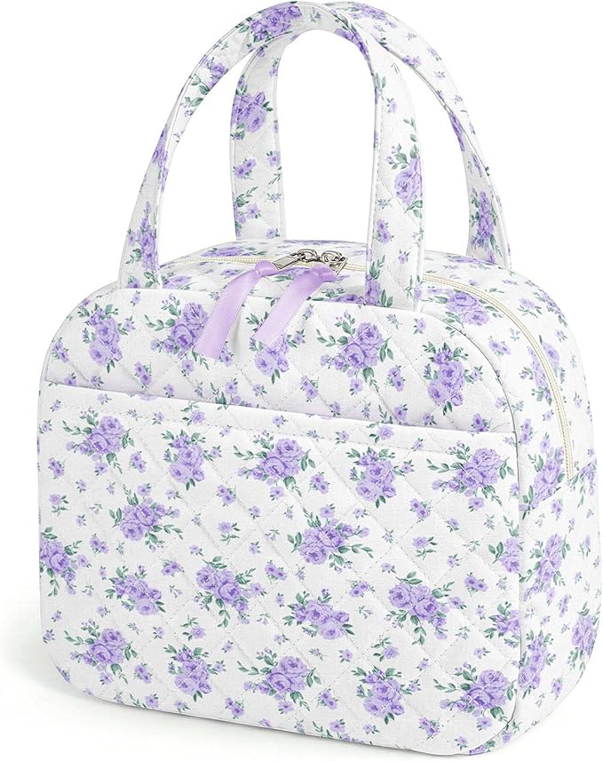 Quilted Lunch Box for Women,Coquette Aesthetic Lunch Box for Teen Girls,Cute Floral Lunch Bags for Work, School,Office,Picnic,Travel (Big Purplre Floral)