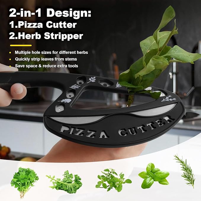2-in-1 Pizza Cutter Rocker Blade with Herb Stripper Holes, Sharp Stainless Steel Pizza Knife with Protective Cover, Dishwasher Safe,Herb Stripping Tool for Basil,Rosemary