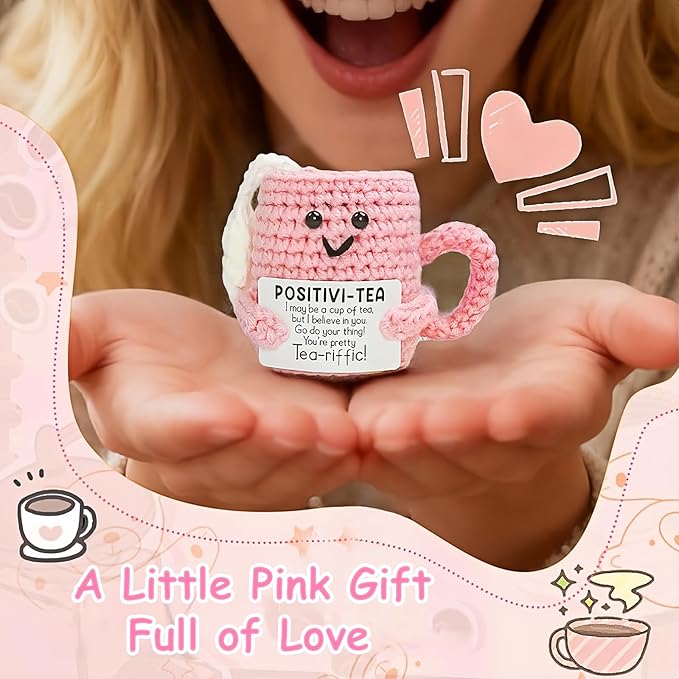 Cute Birthday Gifts for Women, Positive Handmade Crochet Pink Tea Cup Desk Decor–Tea Lovers Funny Unique Emotional Small Gift for Best Friends Girlfriend Wife Mom Coworkers Thank You Valentines Day