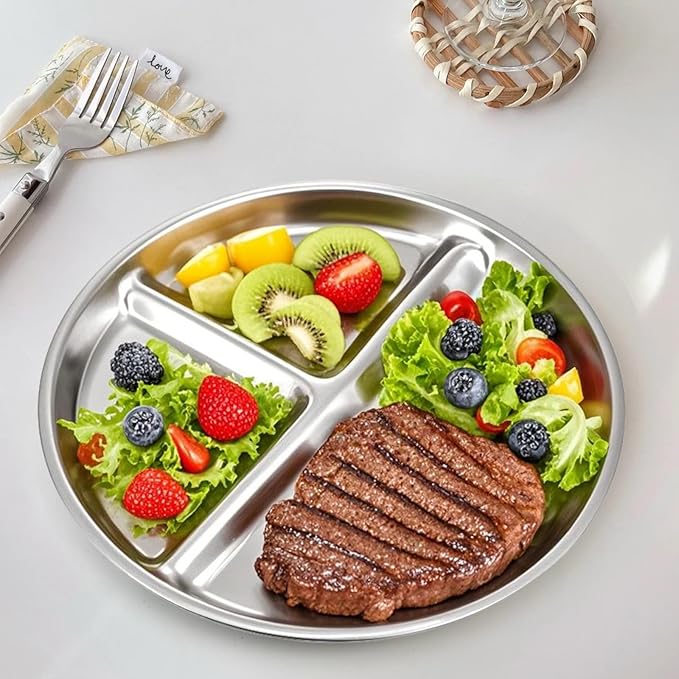 4pcs 304 Stainless Steel Kids Plates，9"Non-Toxic Circular Portion Control Plate，Suitable For Children To Use,Portion Plates For Weight Loss Adults，Reusable, Non-Toxic, Anti Drop, And Dishwasher Safe