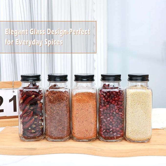 15 Pack 8oz Glass Spice Jars with Grinders, Square Spice Bottles with Deeper Shaker Lids & Airtight Metal Caps, Seasoning Containers with Labels for Spice Organization, Fits Cabinet, Spice Rack