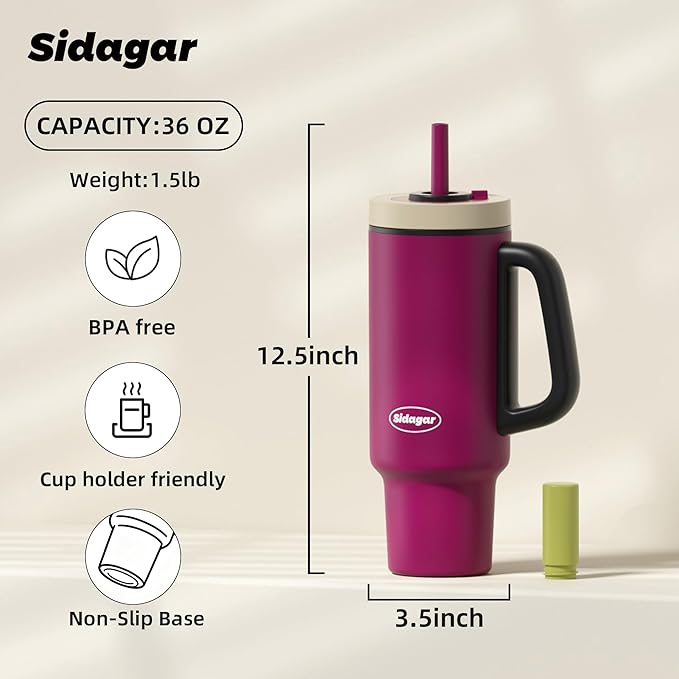 Tumbler with Handle,36 oz Ceramic Lined Travel Mug Water Bottle with Straw,Vacuum Insulated Stainless Steel Cup with Lid,Fits Cup Holder, Leak Resistant Press-in Lid, Purple