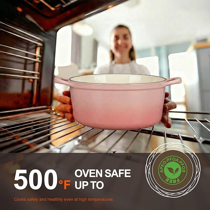 Overmont Enameled Cast Iron Dutch Oven - 5.5QT Pot with Wide Handles Lid Cookbook & Cotton Potholders - Heavy-Duty Pre-Seasoned Cookware Oven Safe to 500°F for Braising, Stews, Roasting, Bread Baking