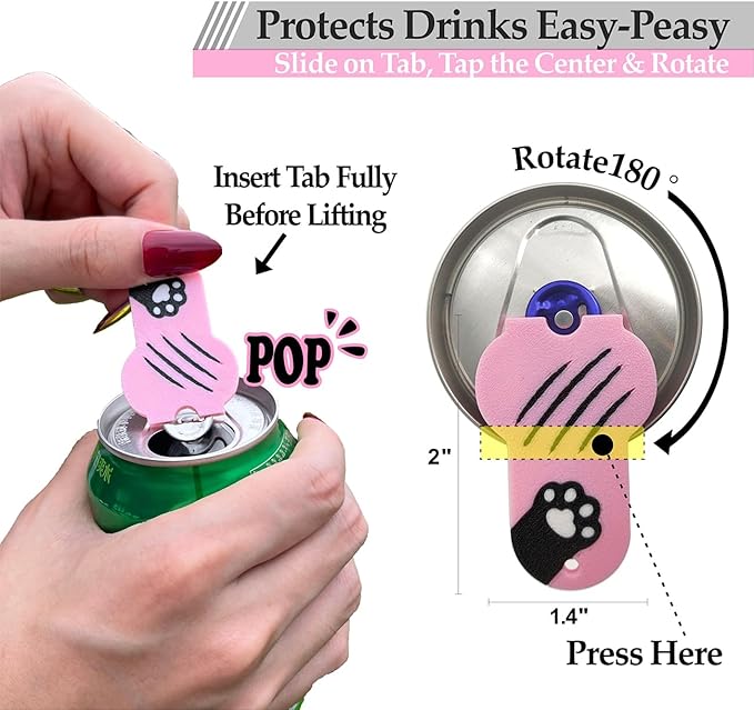 Soda Can Tab Opener Mini Soda Can Cover Easy Tab Opener and Drink Protector Cute Beverage Barricade Soda Protector for Beer,Coke,Aluminum Cans at Party,BBQ, Beach(Cat Paw Pink)